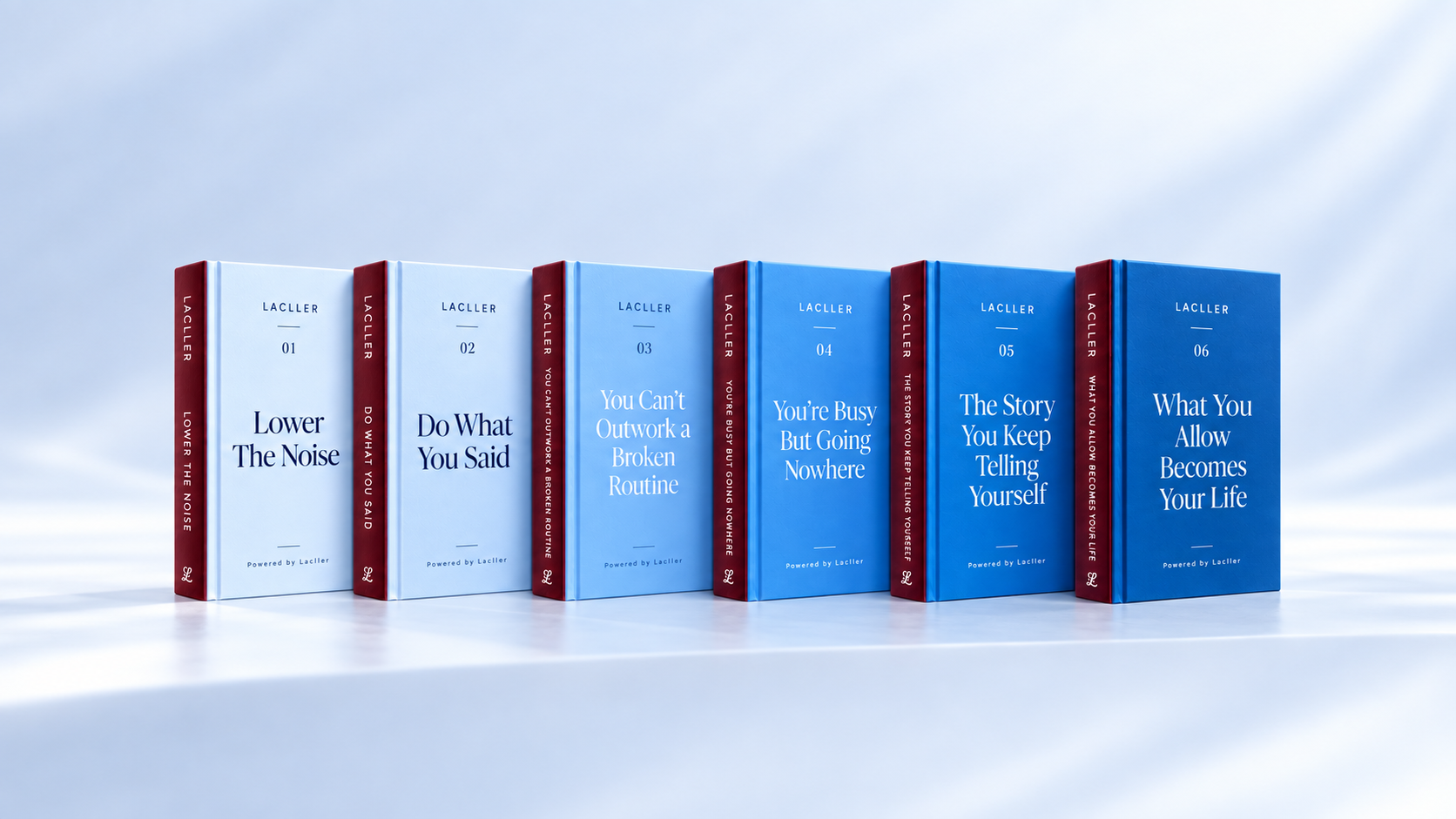 The complete Lacller collection: all six digital books standing in order, front covers facing forward in a pale blue studio setting.