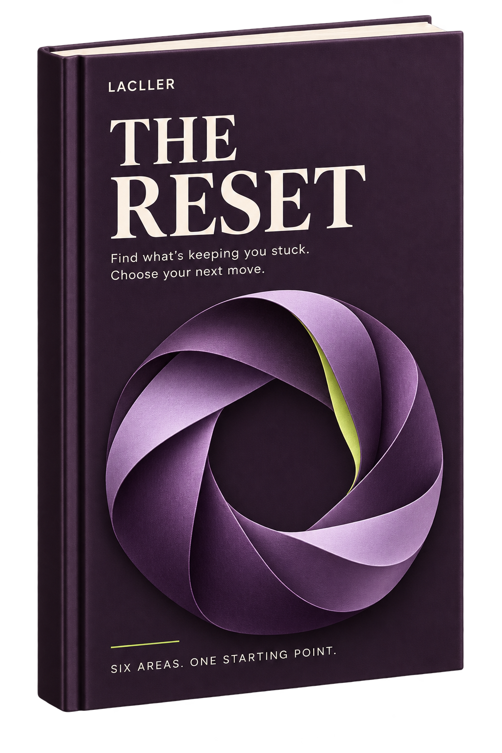 THE RESET — a LACLLER free starter guide shown as a digital book mockup with a deep purple cover, ivory title and a sculptural purple circular motif with a lime accent.